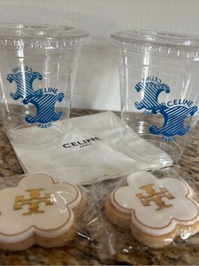 Set of 2 authentic Celine drinking cups BONUS 2 Tory Burch cookies